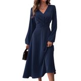 Vestido Lalalin, Manga Comprida, Decote Em V, Cintura, Maxi, Azul, Feminino