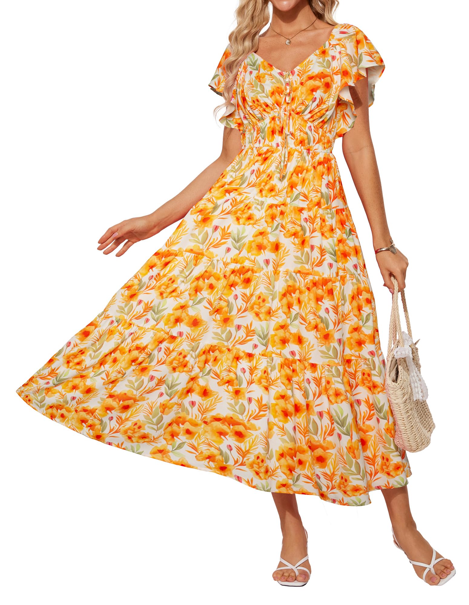 Vestido Maxi Grace Karin Floral De Verão Com Decote Em V E Manga Com Babados