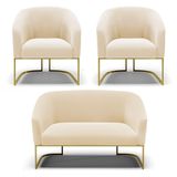 Namoradeira E 2 Poltronas Base Industrial Dourado Stella Suede D03 - D&#39;rossi Cor Bege