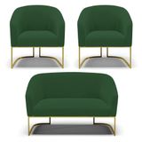 Sofá Namoradeira E 2 Poltronas Base Industrial Dourado Stella Veludo Verde D03 - D&#39;rossi