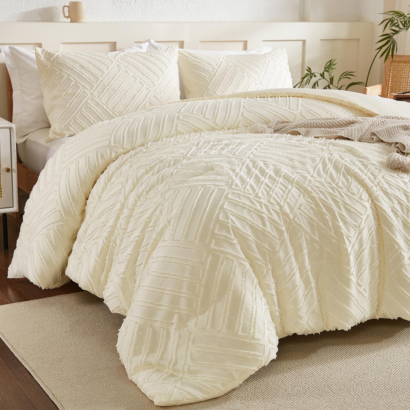 Conjunto De Edredom Djy Tufted Boho Queen Size Cream Microfiber