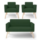 Sofá Namoradeira Com 2 Poltronas Pés Palito Natural Marisa Veludo Verde D03 - D&#39;rossi