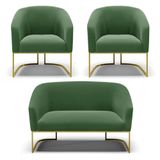 Namoradeira E 2 Poltronas Base Industrial Dourado Stella Suede D03 - D&#39;rossi Cor Verde