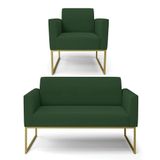 Sofá Namoradeira Com Poltrona Base Industrial Dourado Marisa Veludo Verde D03 - D&#39;rossi