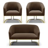 Namoradeira E 2 Poltronas Base Industrial Dourado Stella Suede D03 - D&#39;rossi Cor Marrom
