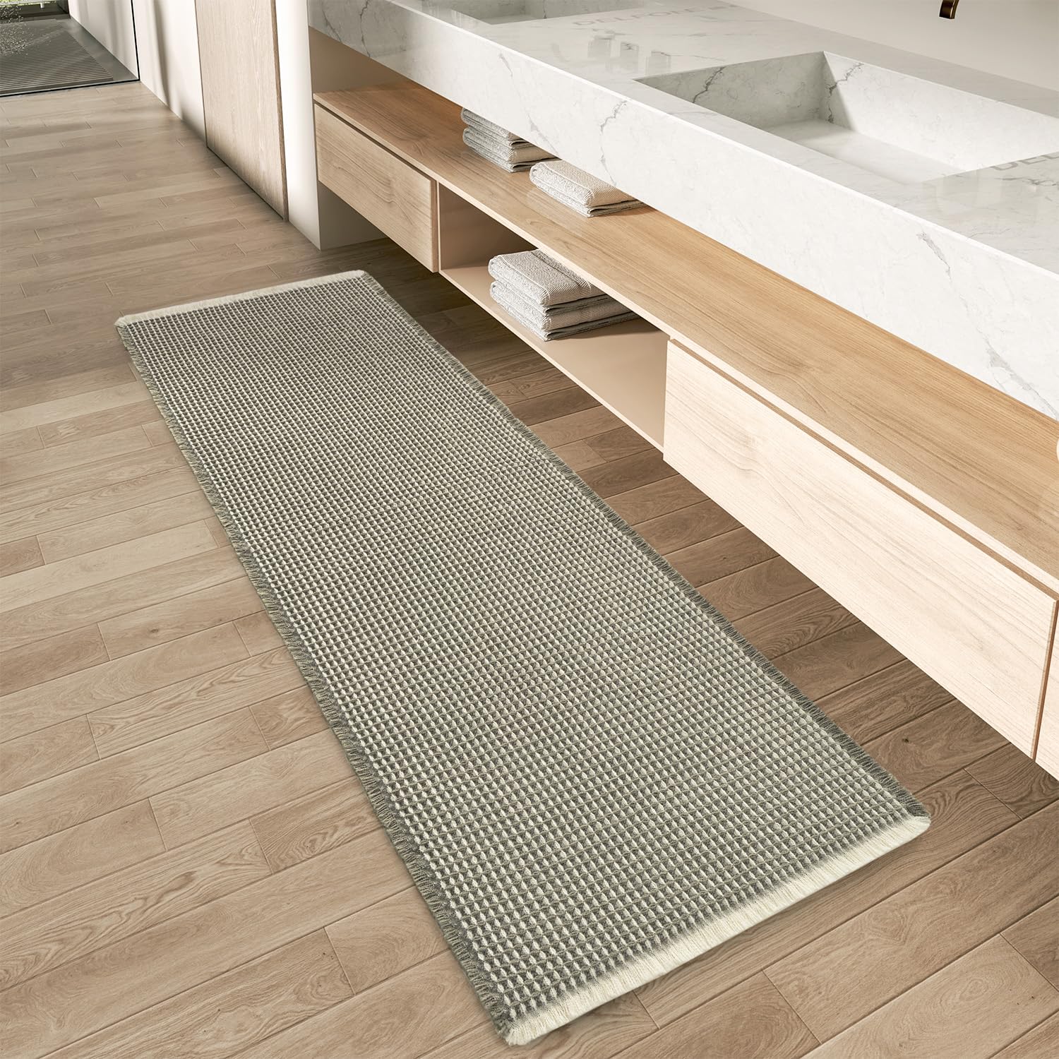 Tapete De Banho Amoami Waffle Runner Rug 43x122cm Verde E Creme