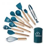 Kit Colheres Silicones 12 Peças Copo Suporte Azul Petróleo