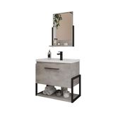 Kit Gabinete Para Banheiro Com Lavatório E Espelho Metalo Mdf Metalon Cimento Mgm Móveis 60com