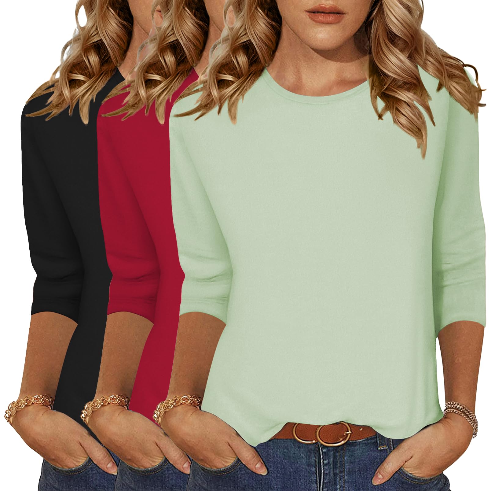 Camisetas Femininas De Manga 3/4 Da Tops Zeagoo Summer, Pacote Com 3