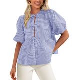 Blusa Feminina Prettygarden Com Gravata Frontal Listrada Azul Xxl
