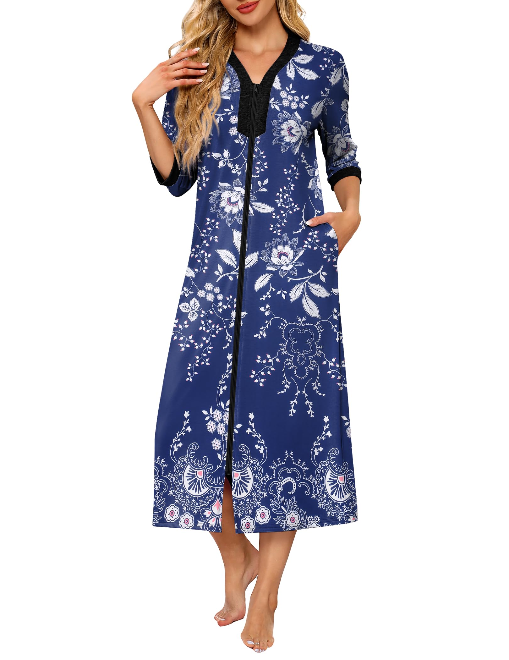 Casaco Feminino Robe Ekouaer Com Zíper E Mangas 3/4 Azul Xxl