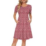 Vestido Feminino Auselily De Verão, Manga Curta, Comprimento Do Joelho, Vermelho