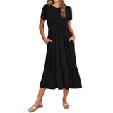 Vestido Zeagoo Camiseta De Manga Curta Em Camadas Com Bolsos Preta M