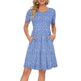 Vestido Feminino Auselily De Verão, Manga Curta, Comprimento Do Joelho, Azul
