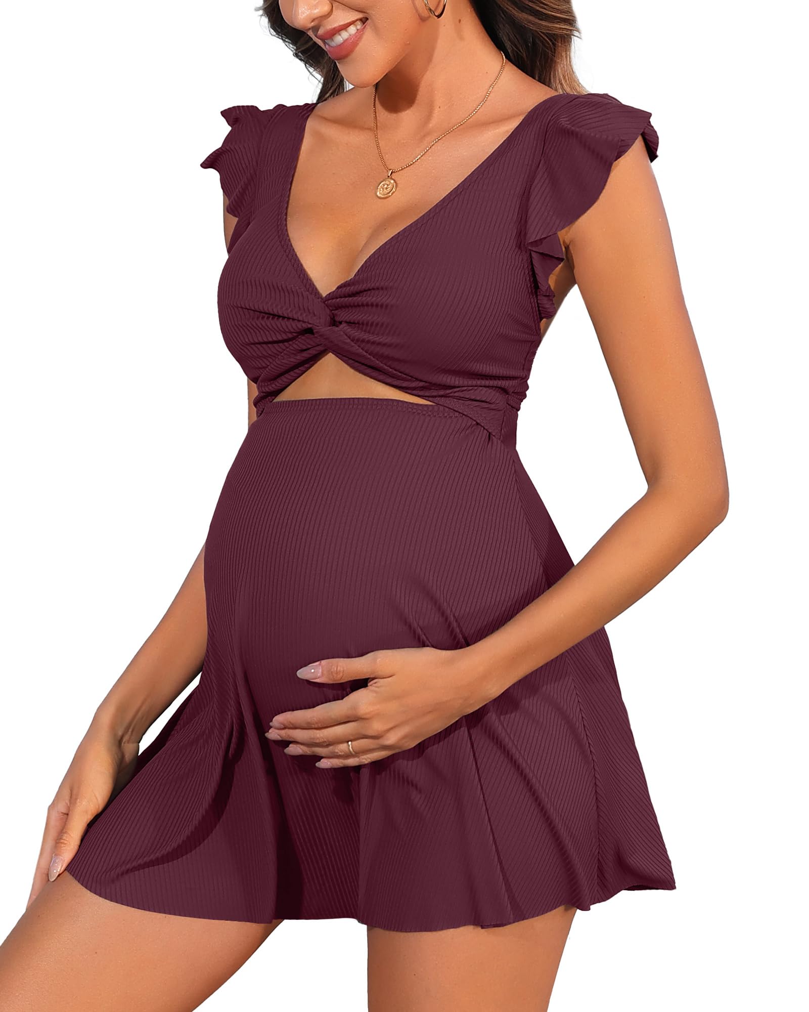 Roupa De Banho De Maternidade Charmo Com Nervuras, Decote Em V, Vermelho Escuro, M