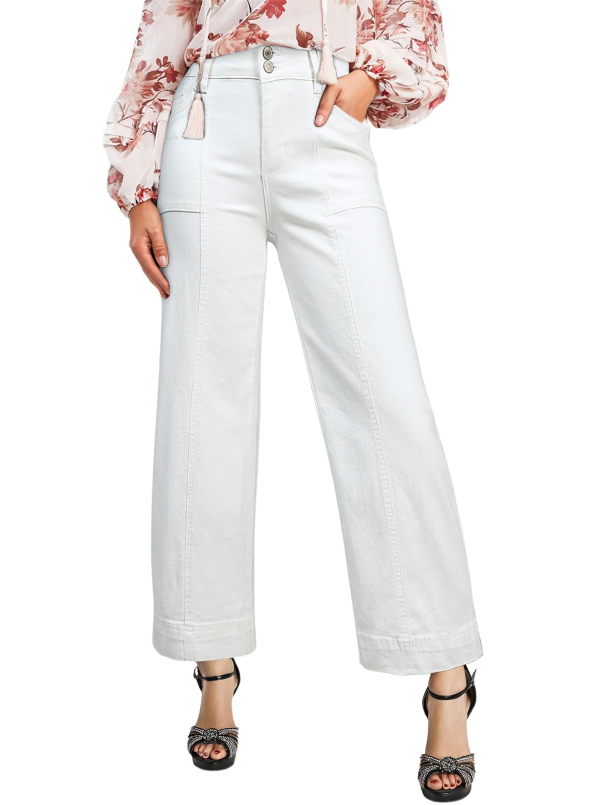 Jeans Femininos Elegantes, De Cintura Alta, Cortados Em Linha Reta, Brancos