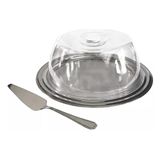 Porta Bolo Com Tampa E Espátula Inox Conjunto De Boleira Bandeja Redonda Fratelli