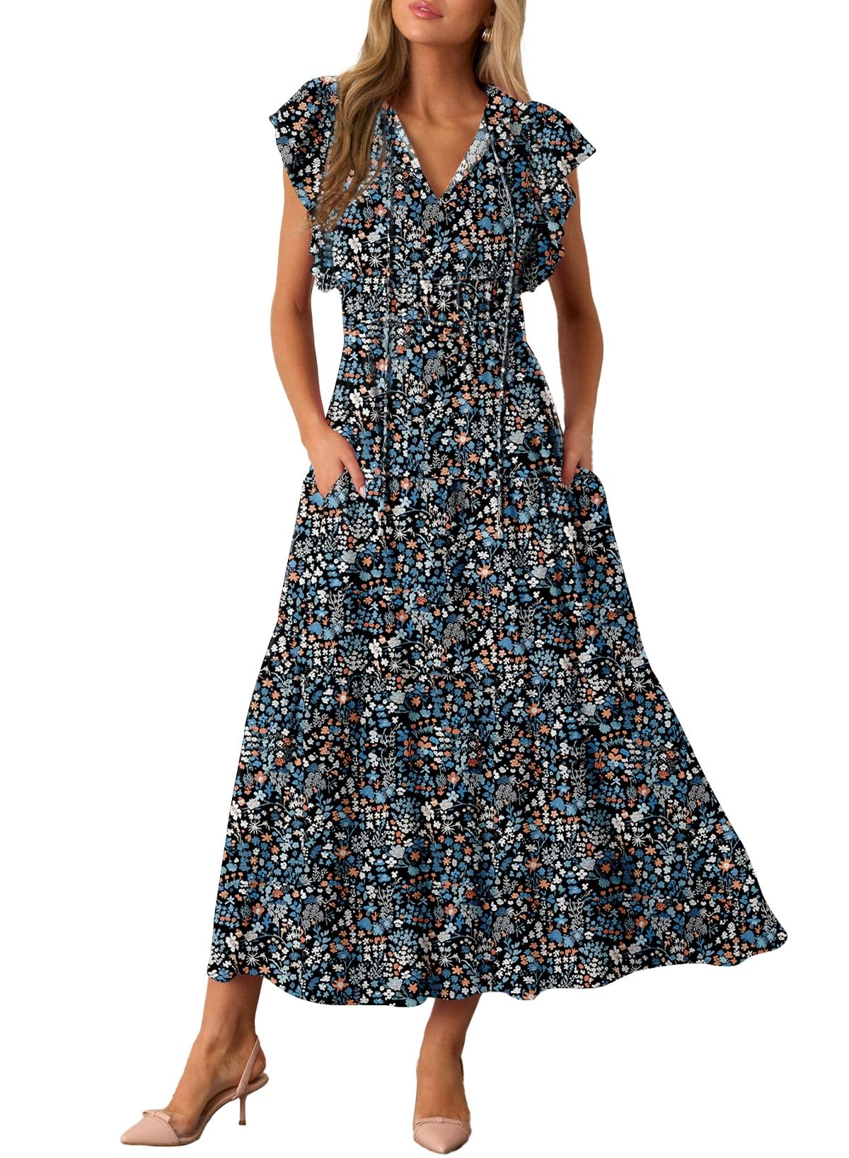 Vestido Maxi Feminino Blencot Com Estampa Floral Com Decote Em V E Manga Com Babados