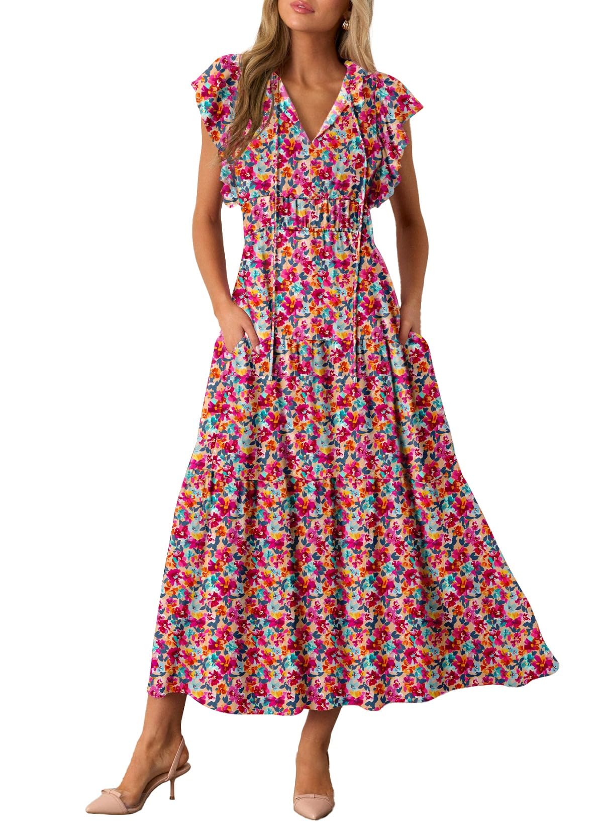 Vestido Maxi Blencot Feminino Com Estampa Floral Com Babados E Decote Em V