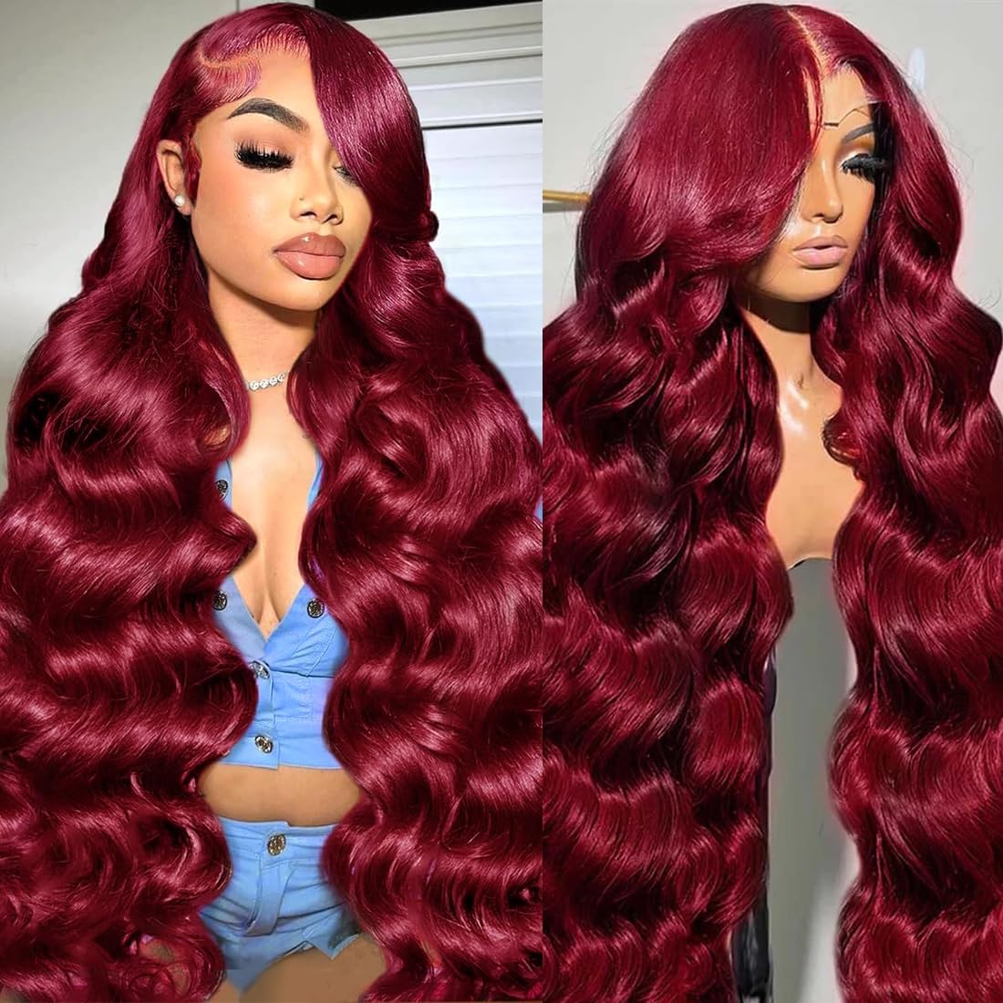 Peruca Ayniss V Wigs 99j Burgundy Human Hair Body Wave 18"
