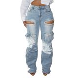 Jeans Cargo Unybwonn Com Acabamento Em Strass De Cintura Alta Para Mulheres