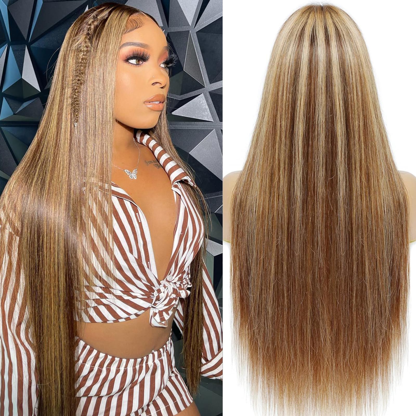 Peruca Frontal De Renda Ulrica Human Hair 24 Polegadas P4/27 Brown Blonde