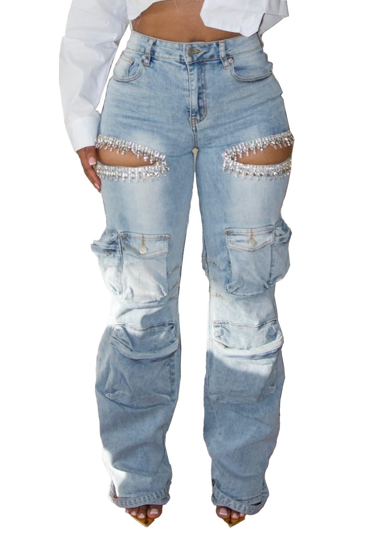 Jeans Unybwonn Sexy Baggy Sparkly Para Mulheres Cutout Pearl