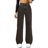 Jeans Funuca, Cintura Alta, Perna Larga, Estampa De Leopardo Reto