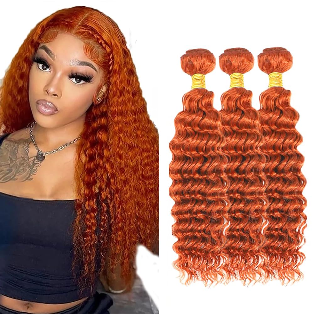Pacote De Cabelo Auokmar Ginger Orange Deep Wave 14 16 18 Polegadas