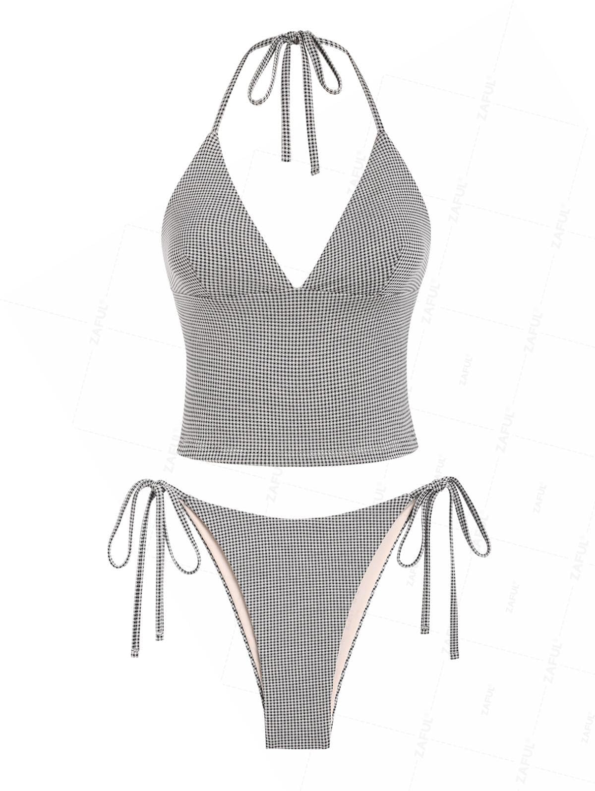 Conjunto De Tanquíni Seamoly Gingham Halter Tie Side Preto Para Mulheres