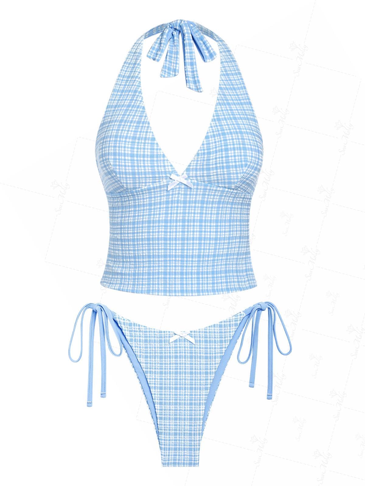 Conjunto De Tanquíni Seamoly Gingham Bowknot Decor Halter Light Blue