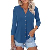 Camiseta Feminina Orandesigne, Manga 3/4, Decote Em V, Botão, Azul Marinho