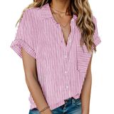 Camisa De Linho Hotouch Listrada Para Mulheres De Manga Curta Com Decote Em V