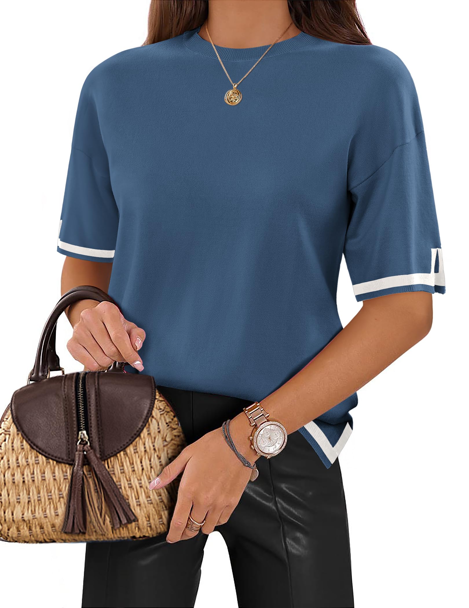 Camiseta Feminina De Manga Curta Sweater Zeagoo Tricotada Azul