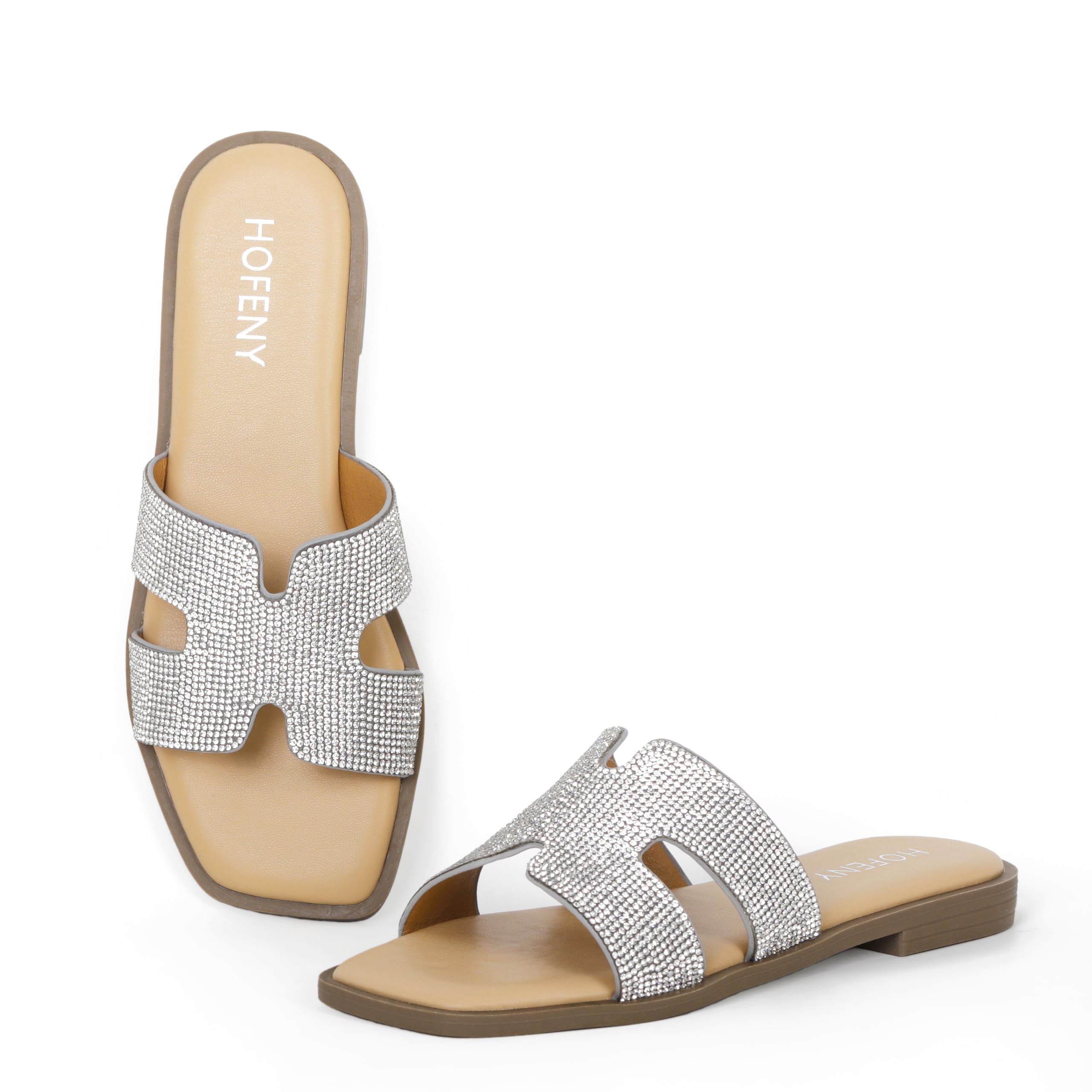 Sandálias Planas Femininas De Strass Sem Cadarço, Couro Macio, Glitter, Bico Aberto, Deslizante Para O Verão, Elegantes