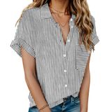 Blusa Feminina Hotouch De Linho Com Listras Florais E Manga Curta