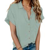 Camisa Feminina Hotouch, Linho, Manga Curta, Decote Em V, Verde Claro