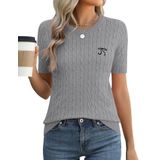 Suéter Feminino Micoson Bow Bordado, Tricotado, Cinza, Xl