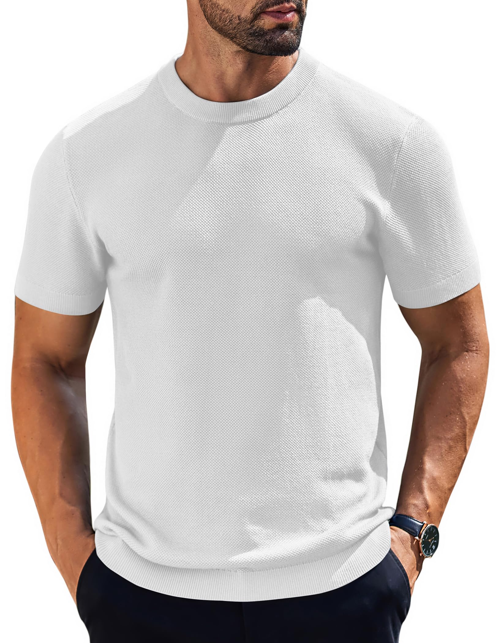 Camiseta Masculina Coofandy De Gola Redonda De Manga Curta Tricotada Branca Xxl