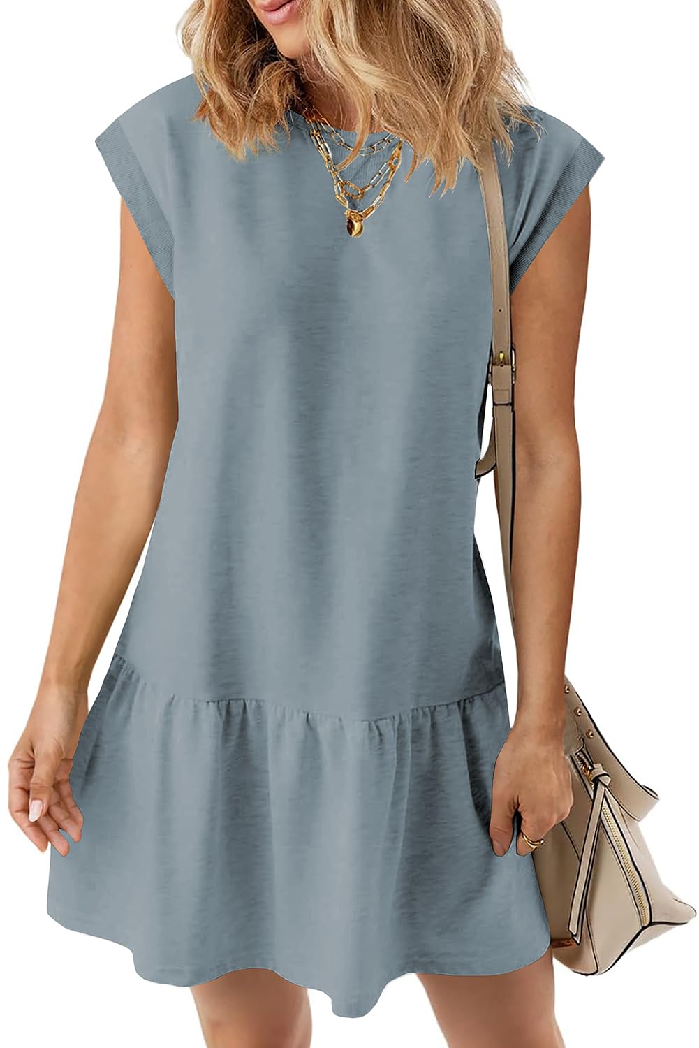 Vestido Feminino Casual Blencot, Manga Curta, Gola Redonda, Bainha Com Babados