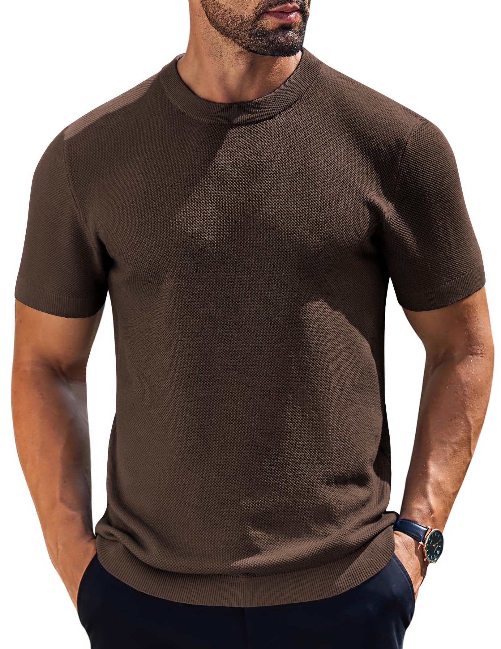 Camiseta Masculina Coofandy, De Malha, Gola Redonda, Manga Curta, Café