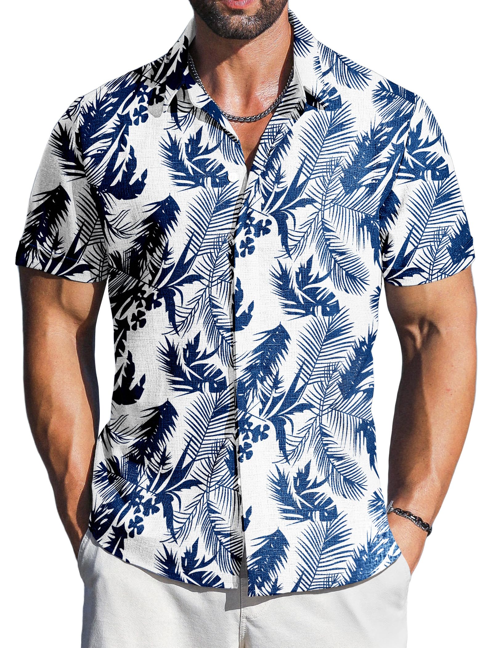 Camisa Masculina Letsee Havaiana De Manga Curta Branca Azul Floral