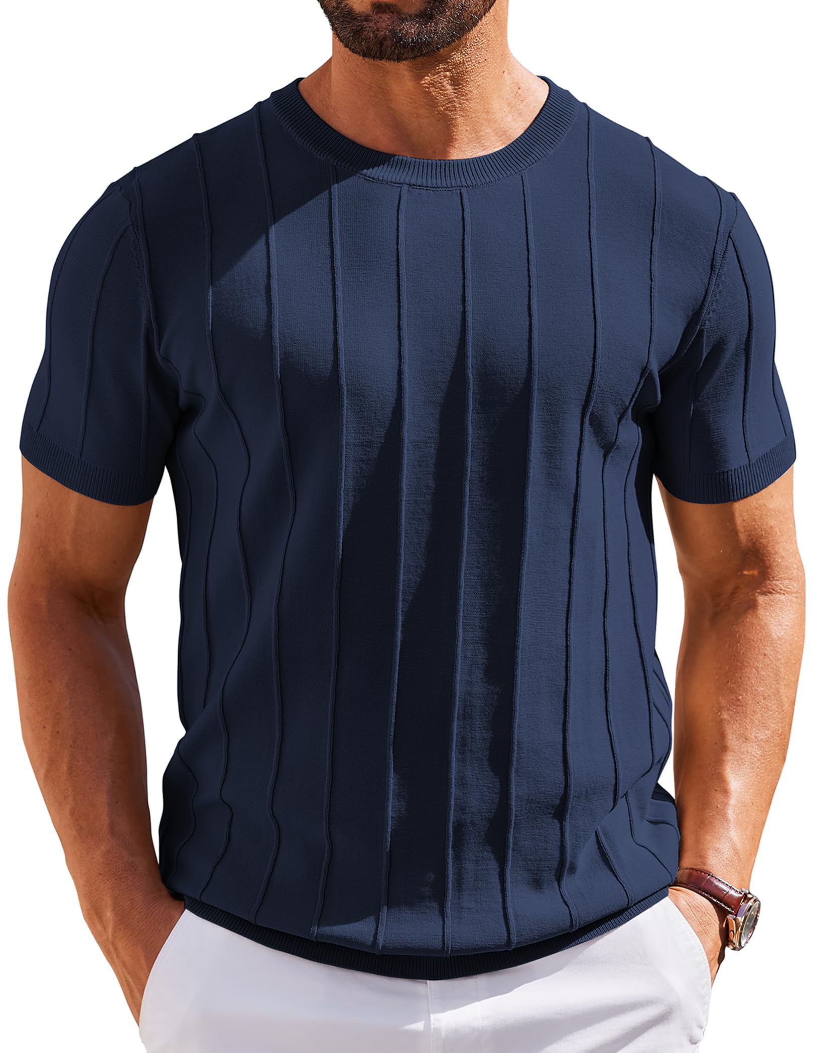 Camiseta Masculina Coofandy, Casual, Verão, Manga Curta, Azul Marinho