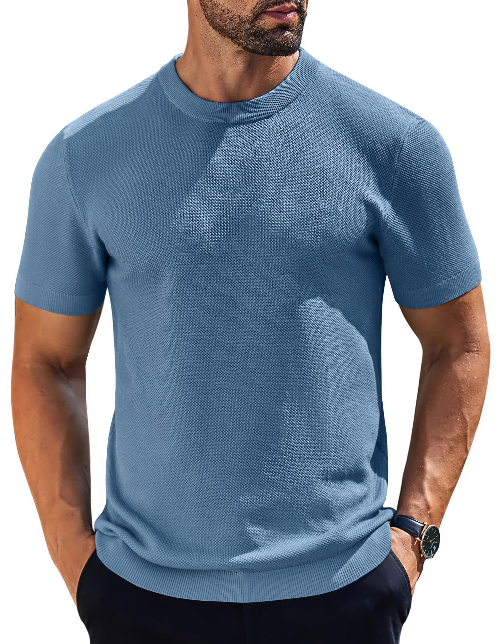 Camiseta Masculina Coofandy, De Malha, Manga Curta, Gola Redonda, Cinza, Azul