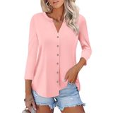 Camiseta Feminina Orandesigne, Manga 3/4, Decote Em V, Botão, Rosa