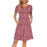 Vestido Feminino Auselily De Verão, Manga Curta, Comprimento Do Joelho, Vermelho