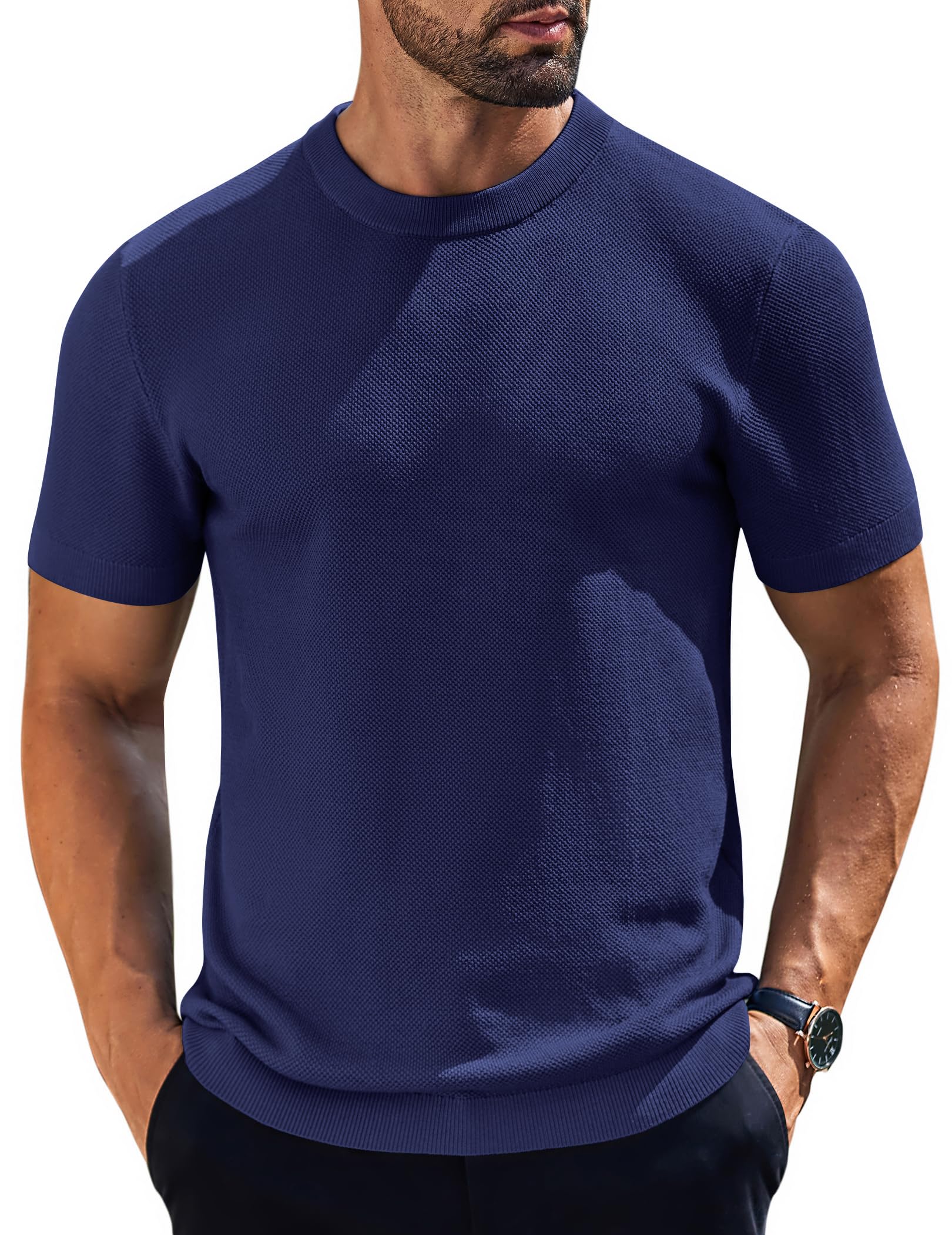 Camiseta Masculina Coofandy, Manga Curta, Gola Redonda, Azul Marinho