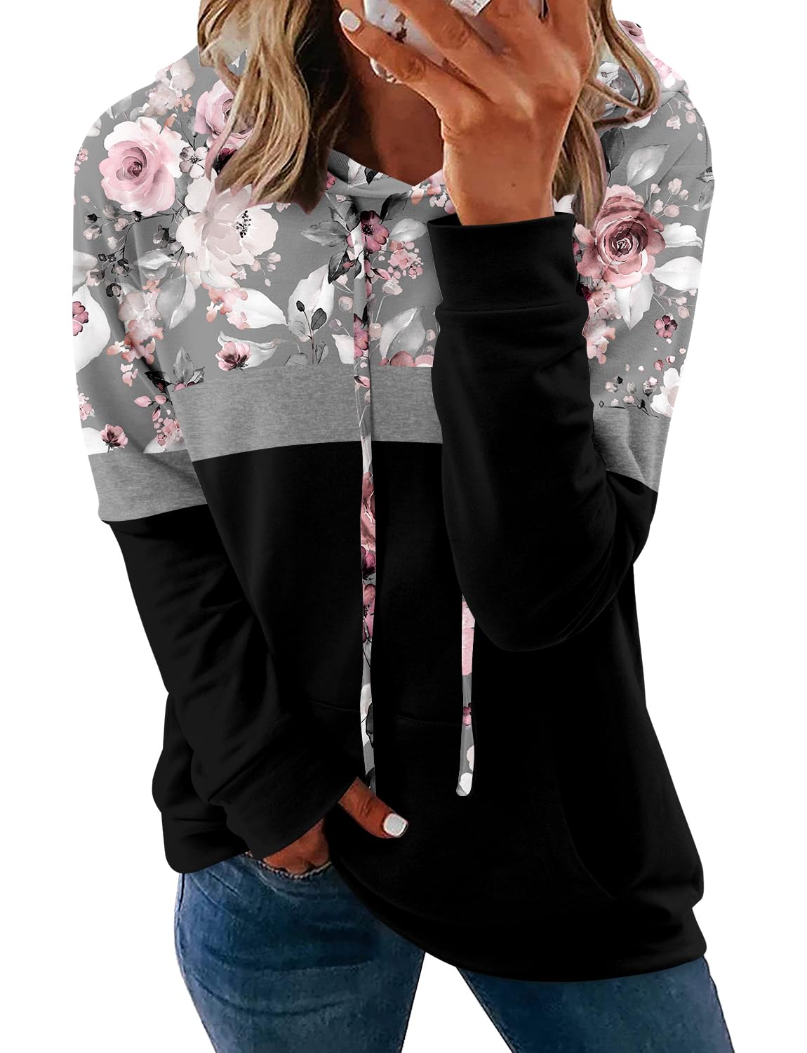 Moletom Com Capuz Onlypuff Pullover Para Mulheres, Floral, Preto
