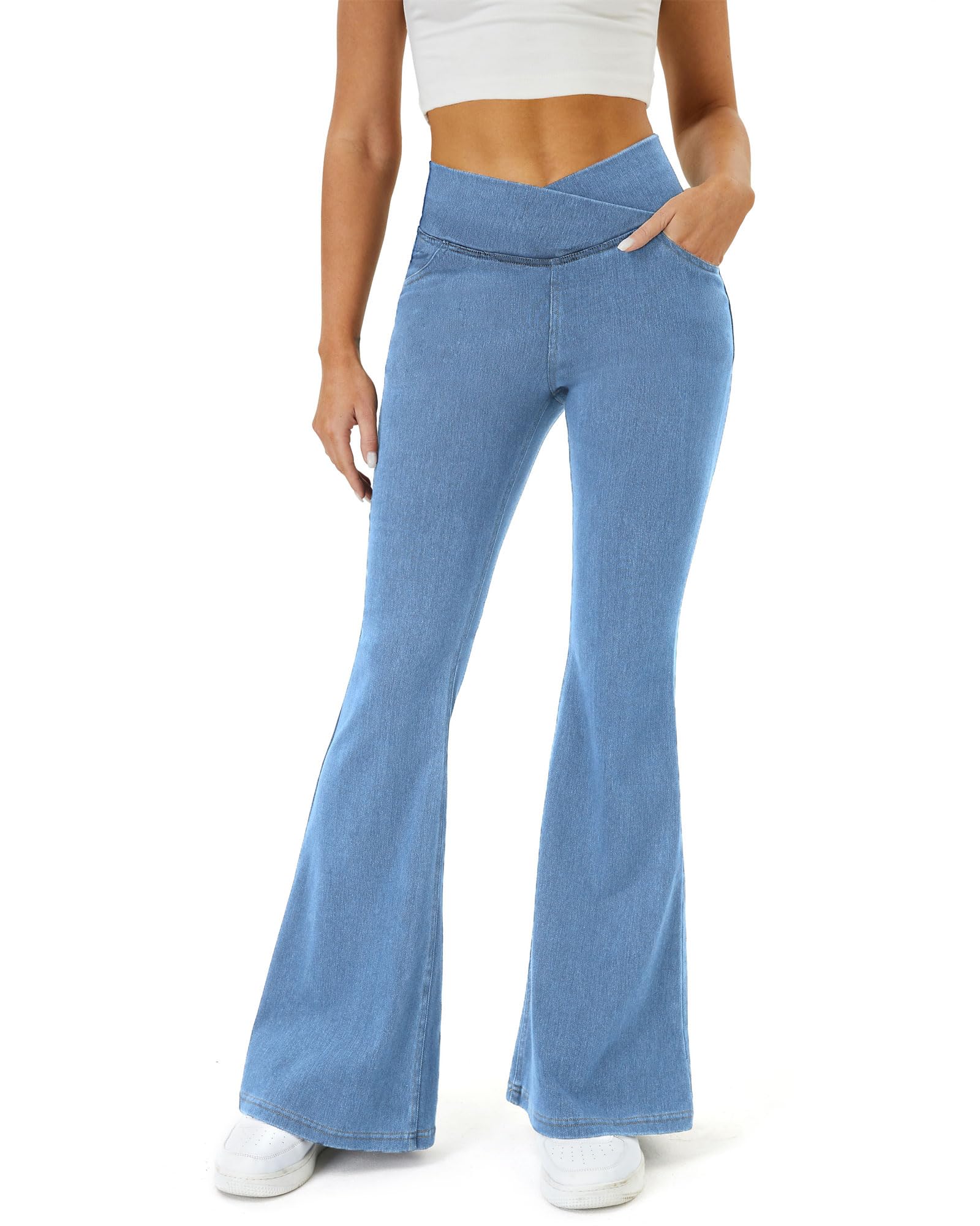 Calça Jeans Copyleaf Bell Bottom Para Mulheres De Cintura Alta, Lavagem Leve