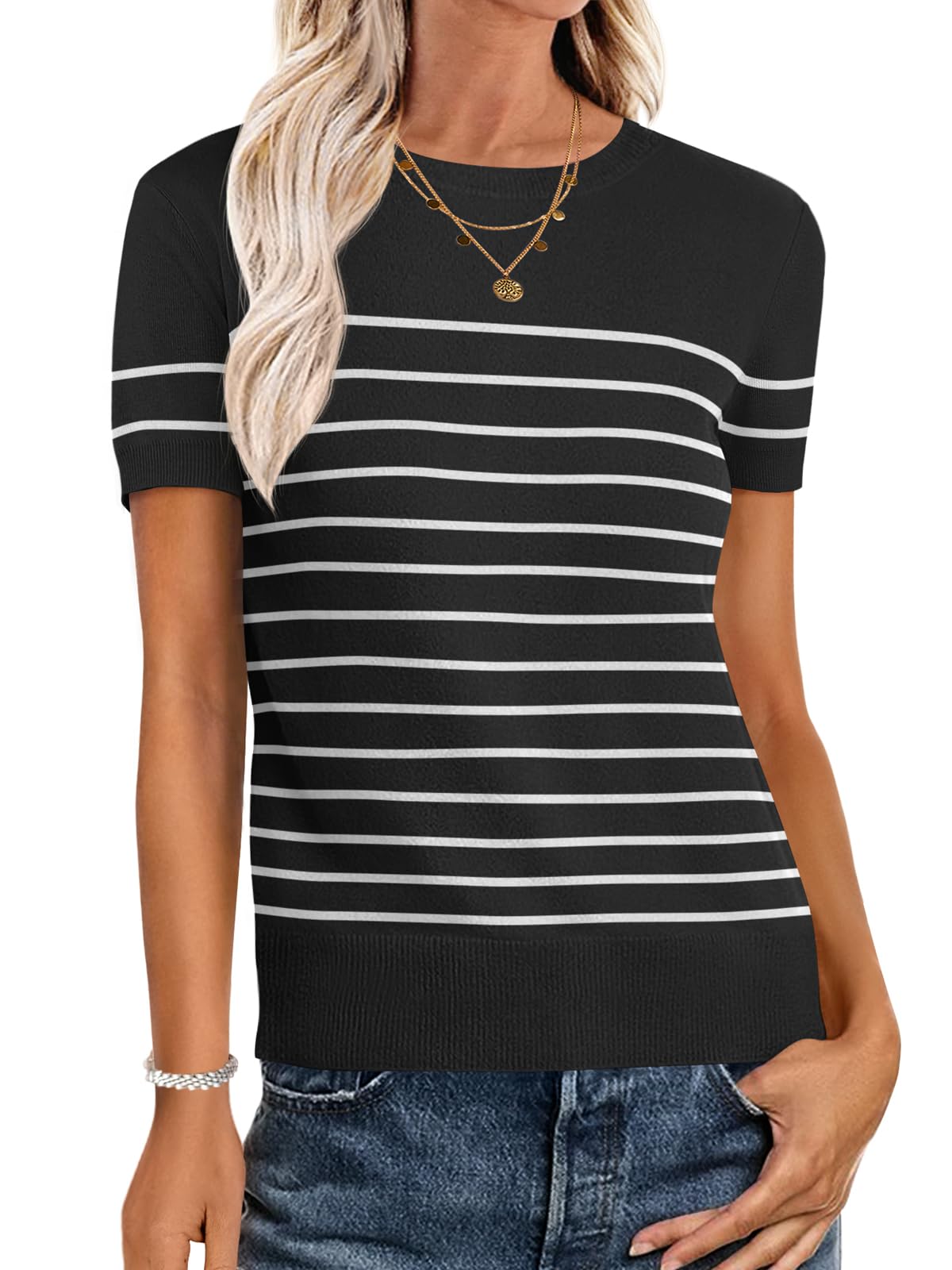 Suéter Feminino Anrabess, Manga Curta, Lã, Mistura S, Preto E Branco